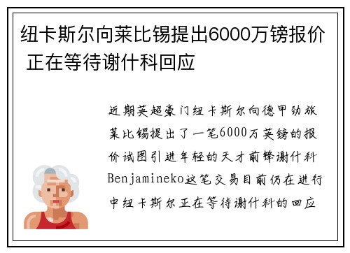 纽卡斯尔向莱比锡提出6000万镑报价 正在等待谢什科回应