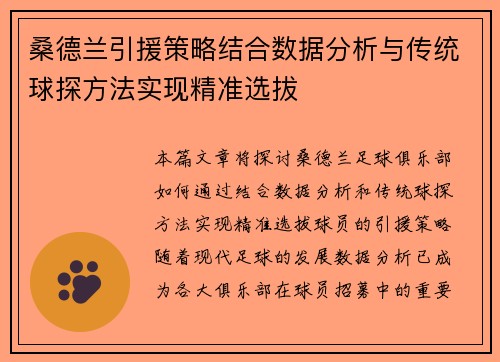 桑德兰引援策略结合数据分析与传统球探方法实现精准选拔